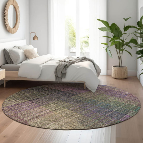 HomeRoots 8' Washable Round Rug in Plum, Green & Brown - Abstract Geometric Design with UV Protection & Durability 666774