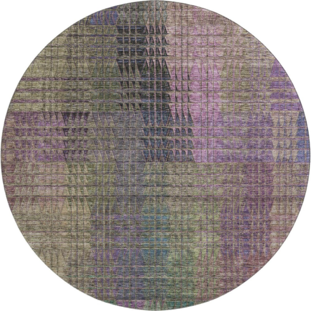 HomeRoots 8' Washable Round Rug in Plum, Green & Brown - Abstract Geometric Design with UV Protection & Durability 666774