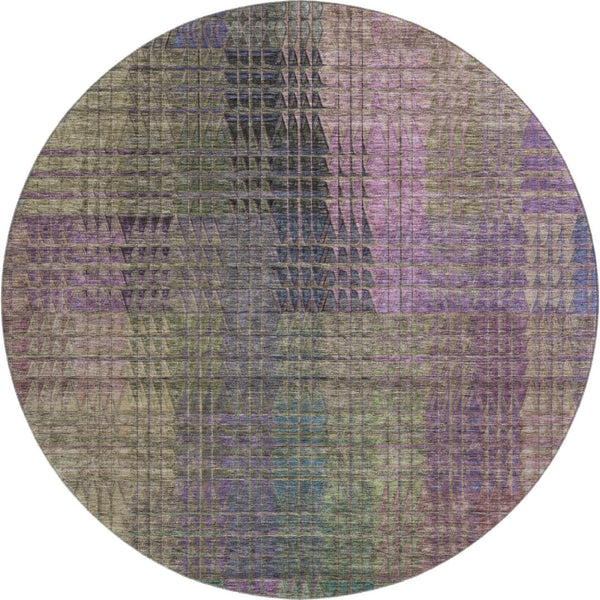 HomeRoots 8' Washable Round Rug in Plum, Green & Brown - Abstract Geometric Design with UV Protection & Durability 666774