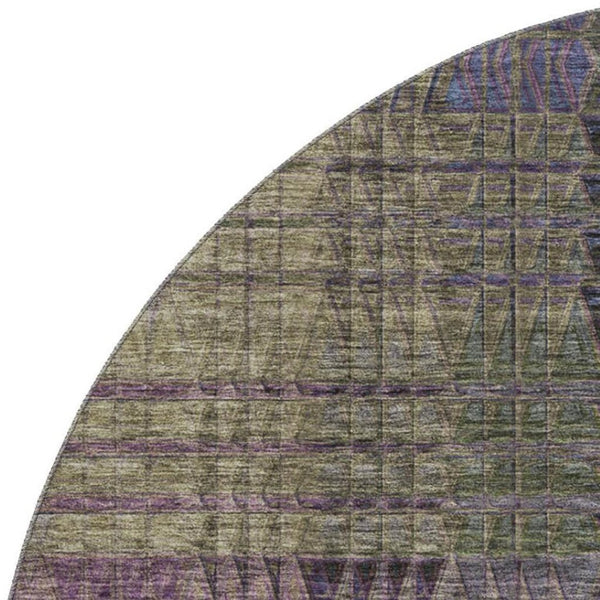 HomeRoots 8' Washable Round Rug in Plum, Green & Brown - Abstract Geometric Design with UV Protection & Durability 666774