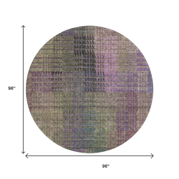 HomeRoots 8' Washable Round Rug in Plum, Green & Brown - Abstract Geometric Design with UV Protection & Durability 666774
