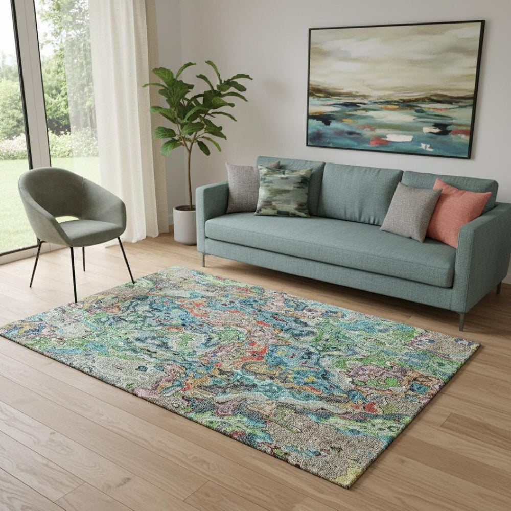 HomeRoots 5' X 8' Vibrant Abstract Area Rug in Blue, Orange & Green - Washable, UV-Protected & Durable Design! 666791