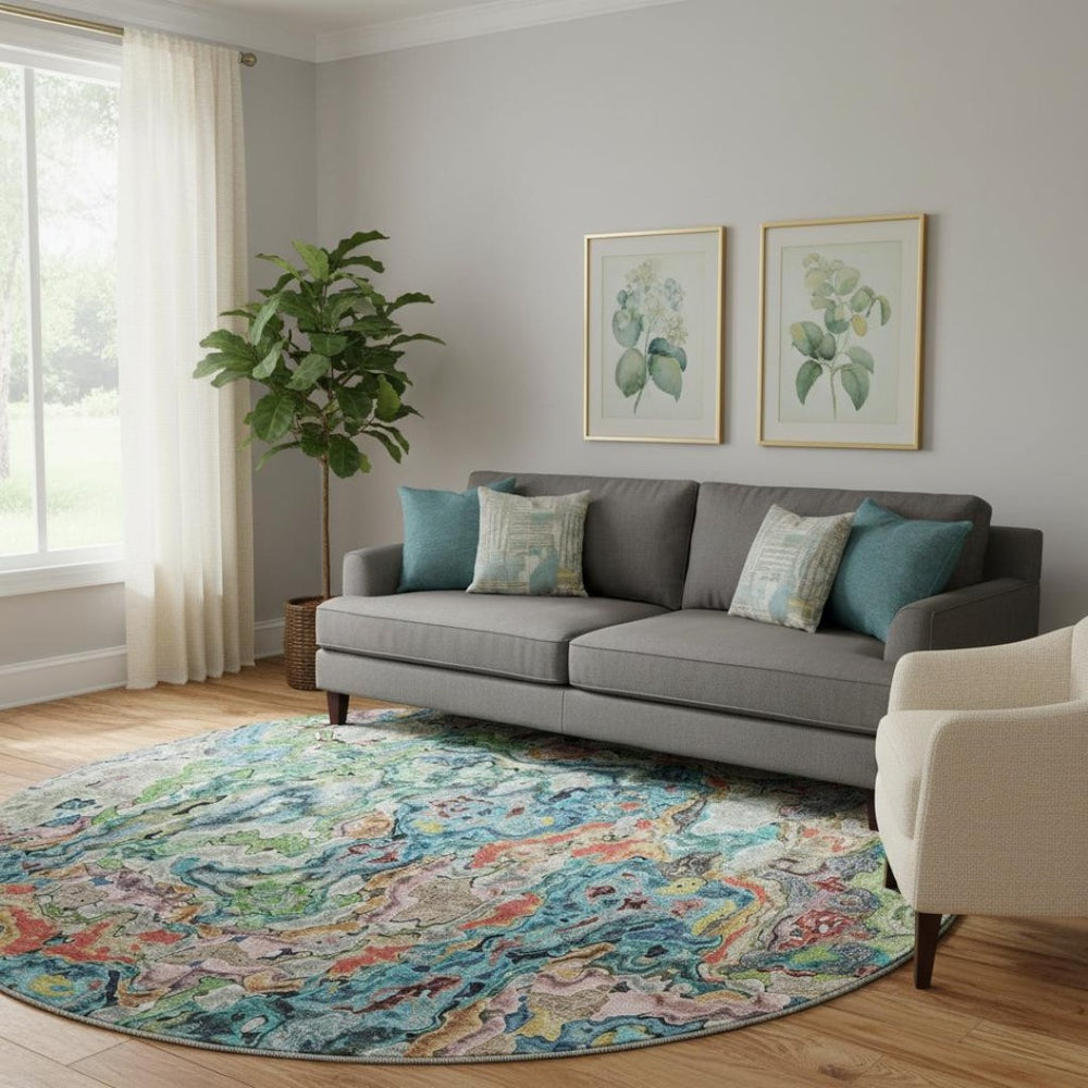 HomeRoots 8' Vibrant Blue Orange Green Abstract Round Rug – Washable, UV Protected, Ideal for Modern Spaces 666792