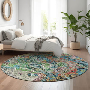HomeRoots 8' Vibrant Blue Orange Green Abstract Round Rug – Washable, UV Protected, Ideal for Modern Spaces 666792