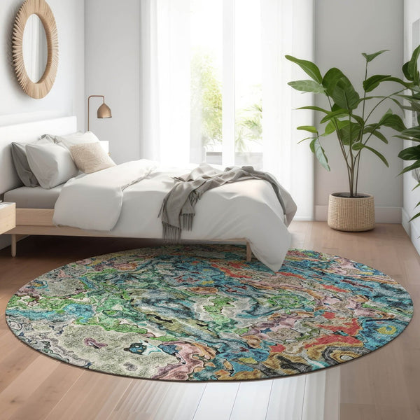 HomeRoots 8' Vibrant Blue Orange Green Abstract Round Rug – Washable, UV Protected, Ideal for Modern Spaces 666792