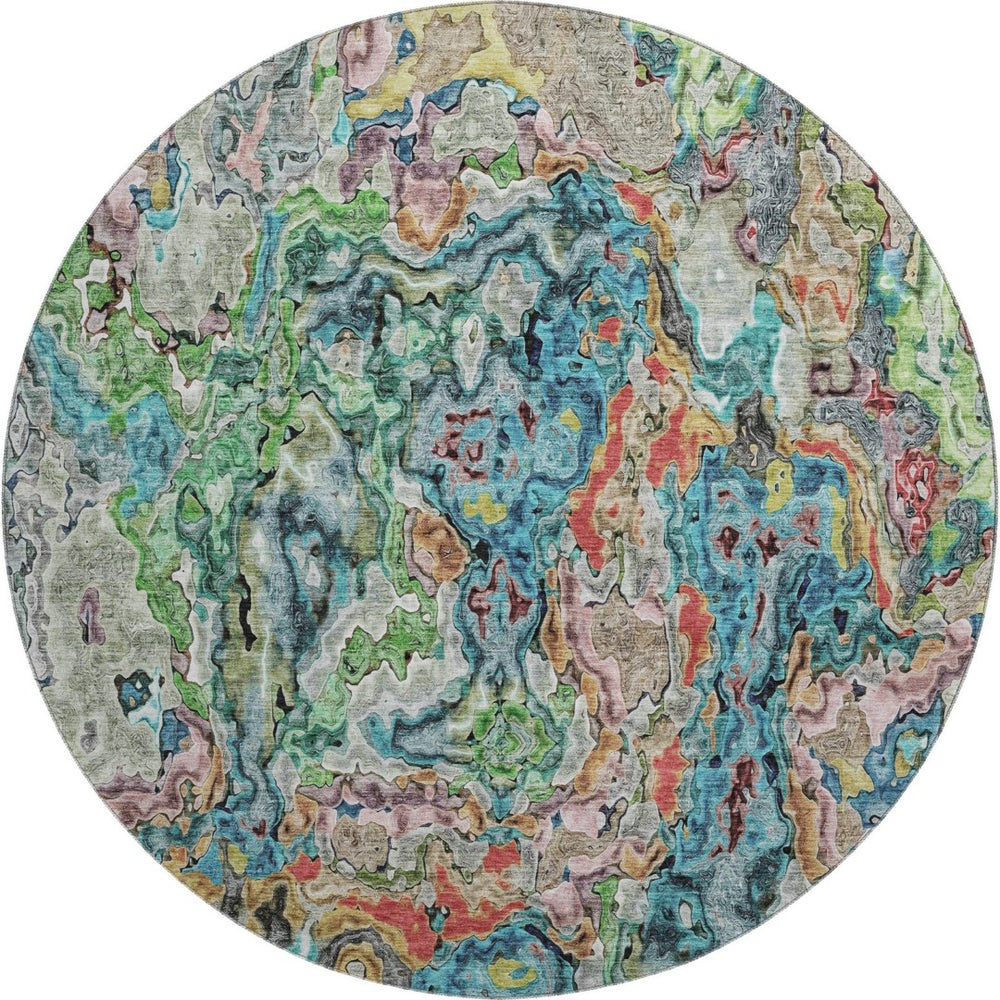 HomeRoots 8' Vibrant Blue Orange Green Abstract Round Rug – Washable, UV Protected, Ideal for Modern Spaces 666792