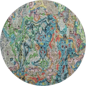 HomeRoots 8' Vibrant Blue Orange Green Abstract Round Rug – Washable, UV Protected, Ideal for Modern Spaces 666792