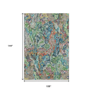 HomeRoots 9' X 12' Bold Abstract Washable Area Rug in Blue, Orange & Green with UV Protection & Stain Resistance 666794