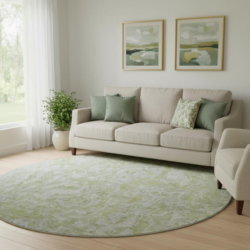 HomeRoots 8' Green and Ivory Abstract Round Area Rug – Washable, UV Protected, Stylish & Durable for Any Space 666810