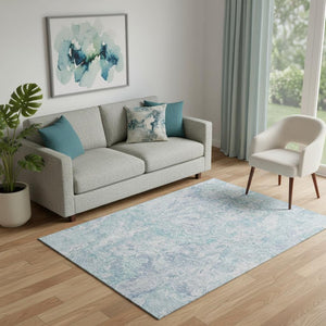 HomeRoots 5' X 8' Sky Blue & Ivory Abstract Washable Area Rug - Soft, Stylish, UV-Protected for Every Space! 666821