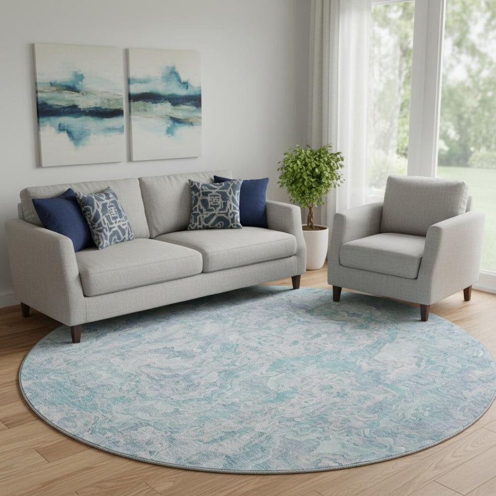 HomeRoots 8' Sky Blue and Ivory Abstract Round Rug - Washable, UV Protected, Durable, Perfect for Any Space! 666822