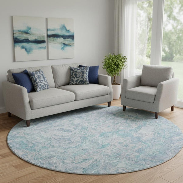 HomeRoots 8' Sky Blue and Ivory Abstract Round Rug - Washable, UV Protected, Durable, Perfect for Any Space! 666822