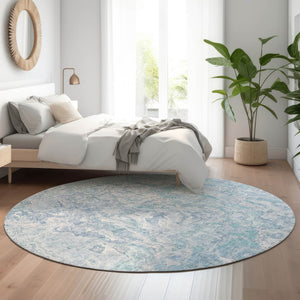 HomeRoots 8' Sky Blue and Ivory Abstract Round Rug - Washable, UV Protected, Durable, Perfect for Any Space! 666822
