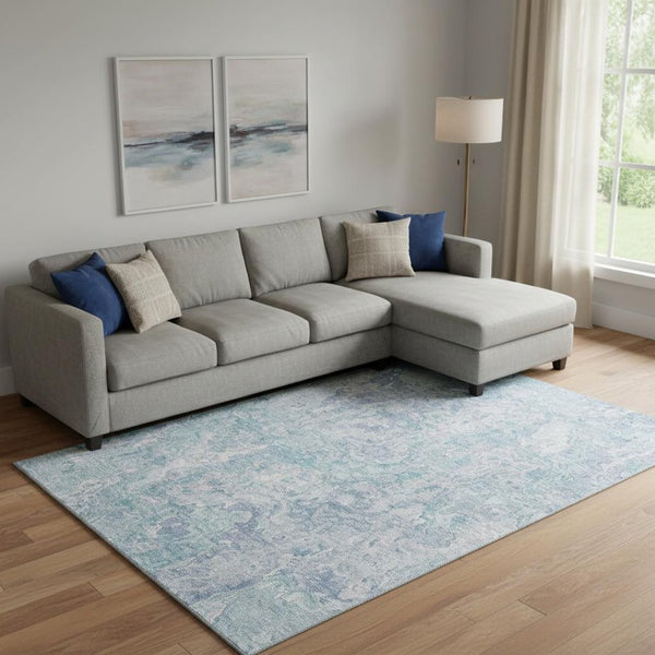 HomeRoots 8' X 10' Modern Sky Blue & Ivory Abstract Area Rug – Washable, UV Protected, Stain Resistant Design 666823