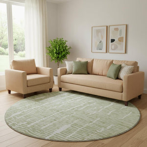 HomeRoots 8' Stylish Artichoke Green & Ivory Round Rug – Washable, UV-Protected, Durable for High-Traffic Homes 666833
