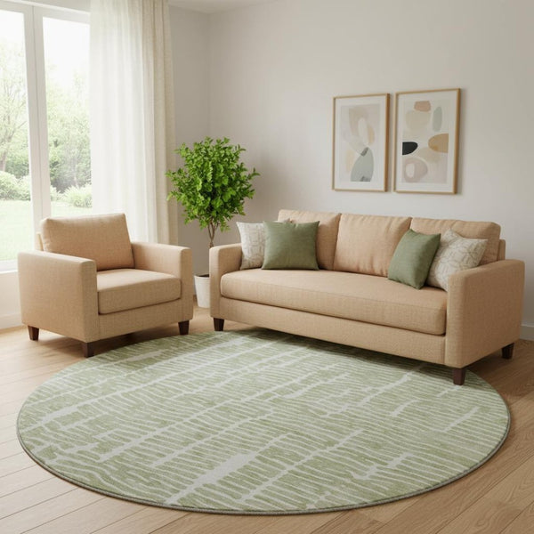 HomeRoots 8' Stylish Artichoke Green & Ivory Round Rug – Washable, UV-Protected, Durable for High-Traffic Homes 666833