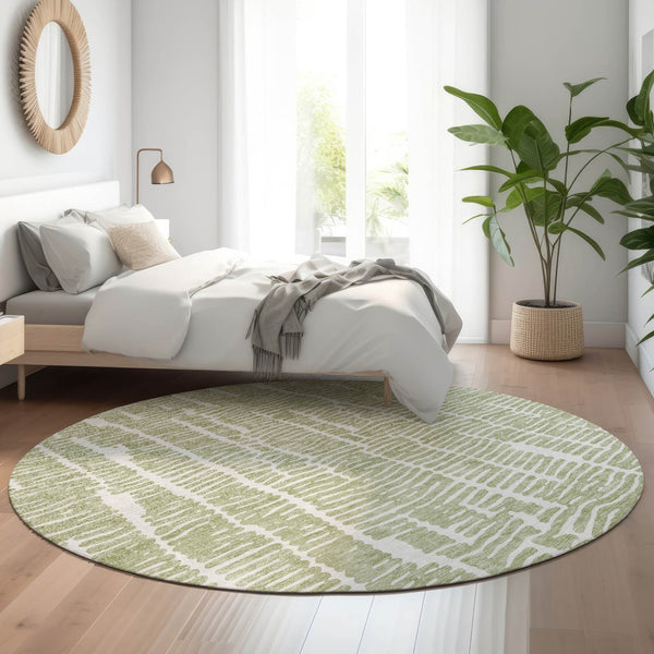 HomeRoots 8' Stylish Artichoke Green & Ivory Round Rug – Washable, UV-Protected, Durable for High-Traffic Homes 666833