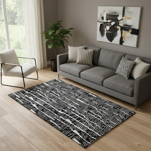 HomeRoots 5' X 8' Black and Ivory Vermicular Area Rug – Washable, UV Protected, Stylish & Stain Resistant Design 666838