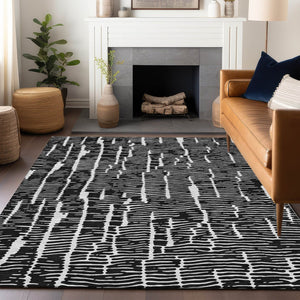 HomeRoots 5' X 8' Black and Ivory Vermicular Area Rug – Washable, UV Protected, Stylish & Stain Resistant Design 666838