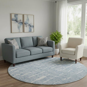 HomeRoots 8' Blue and Ivory Vermicular Round Rug - Washable, Stain Resistant, UV Protected for Stylish Living Spaces 666845