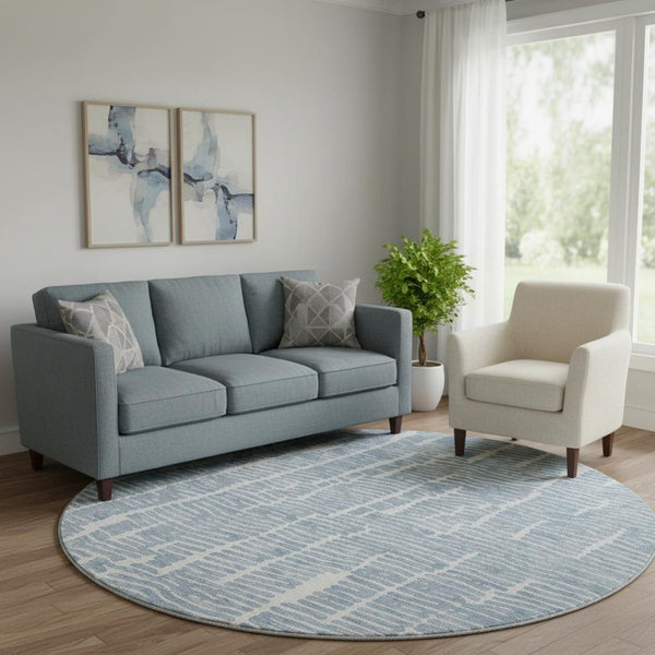 HomeRoots 8' Blue and Ivory Vermicular Round Rug - Washable, Stain Resistant, UV Protected for Stylish Living Spaces 666845