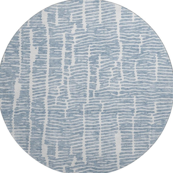 HomeRoots 8' Blue and Ivory Vermicular Round Rug - Washable, Stain Resistant, UV Protected for Stylish Living Spaces 666845