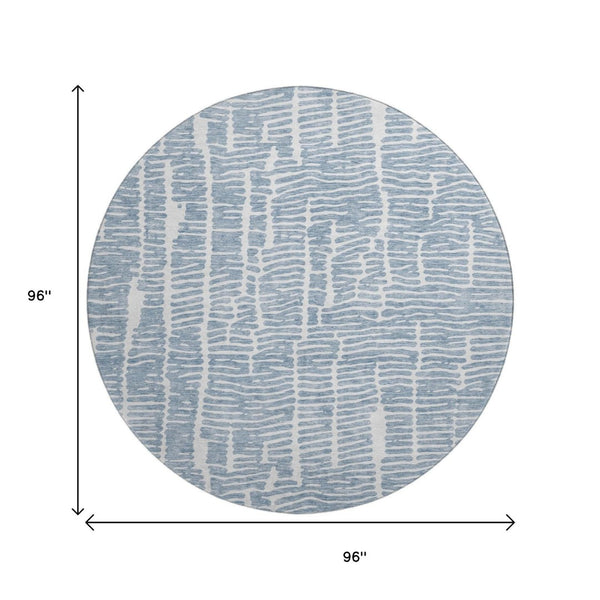 HomeRoots 8' Blue and Ivory Vermicular Round Rug - Washable, Stain Resistant, UV Protected for Stylish Living Spaces 666845