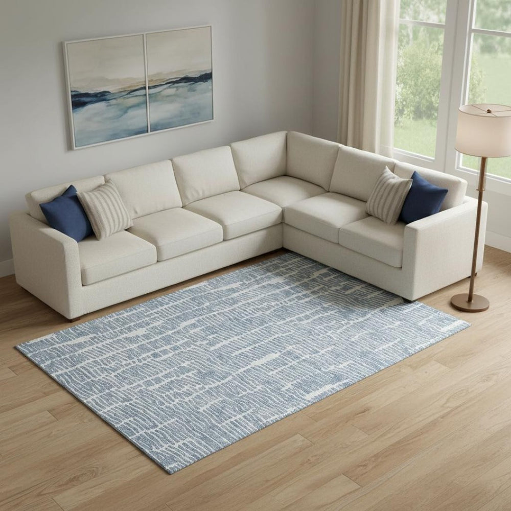 HomeRoots 9' X 12' Blue and Ivory Vermicular Area Rug - Washable, UV-Protected, Stain-Resistant, Durable Design 666847