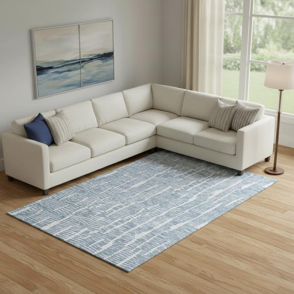 HomeRoots 10' X 14' Blue and Ivory Vermicular Washable Area Rug - Stain-Resistant, UV Protected, Stylish Design 666848