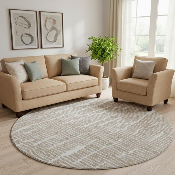 HomeRoots 8' Brown and Ivory Vermicular Round Rug - Washable, Durable, UV-Protected for Cozy Living Spaces 666851