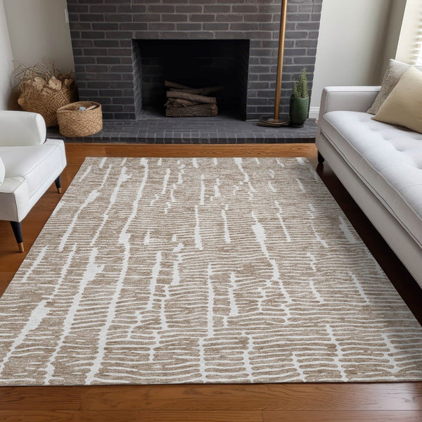 HomeRoots 9' X 12' Washable Brown & Ivory Vermicular Area Rug with UV Protection for Durable Home Style 666853