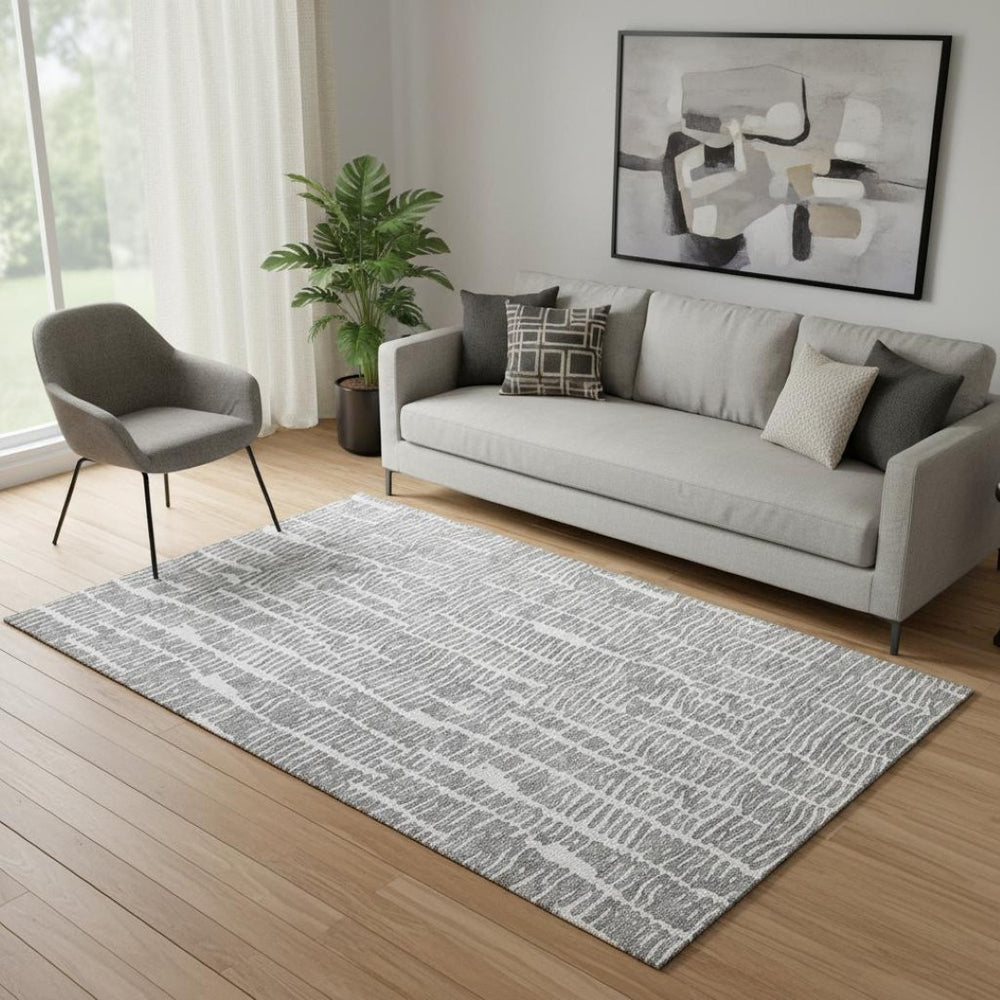 HomeRoots 5' X 8' Versatile Gray and Ivory Vermicular Area Rug - Stain Resistant, UV Protected, Easy Care Design 666856