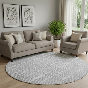 HomeRoots 8' Gray And Ivory Round Rug - Washable, Stain Resistant, UV Protected for High-Traffic Areas 666857