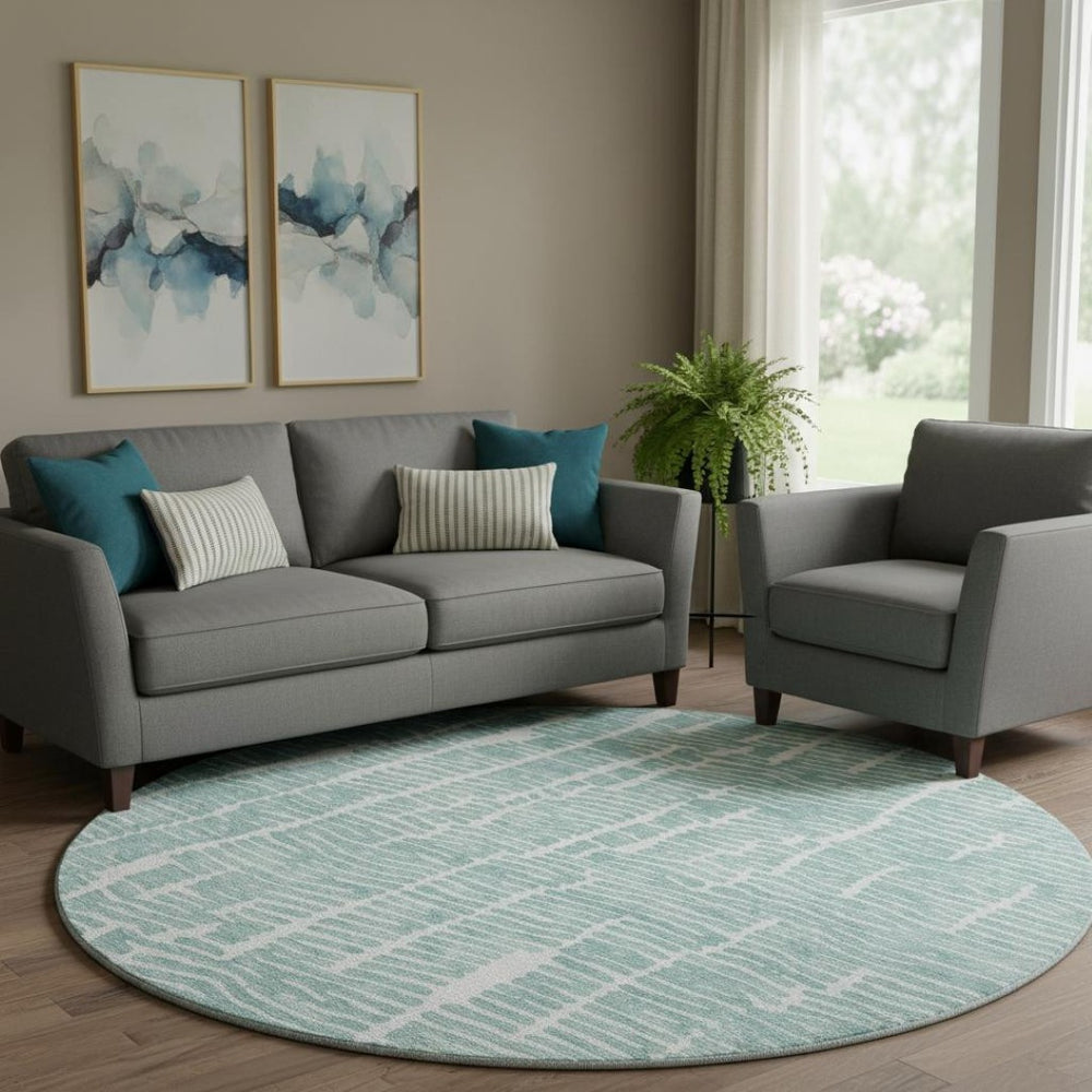 HomeRoots 8' Teal and Ivory Vermicular Round Rug - Washable, UV-Protected, Durable for High-Traffic Spaces 666863