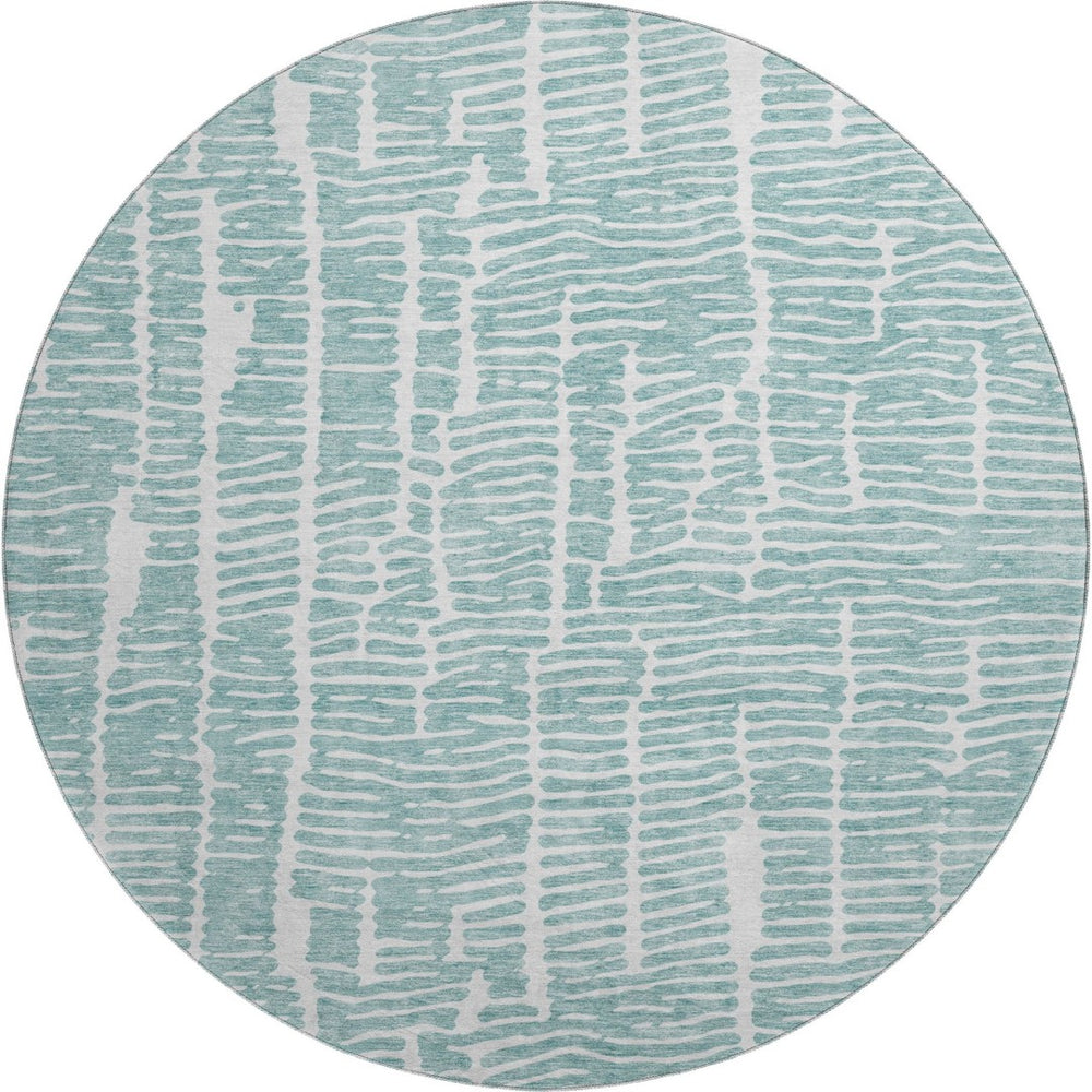 HomeRoots 8' Teal and Ivory Vermicular Round Rug - Washable, UV-Protected, Durable for High-Traffic Spaces 666863