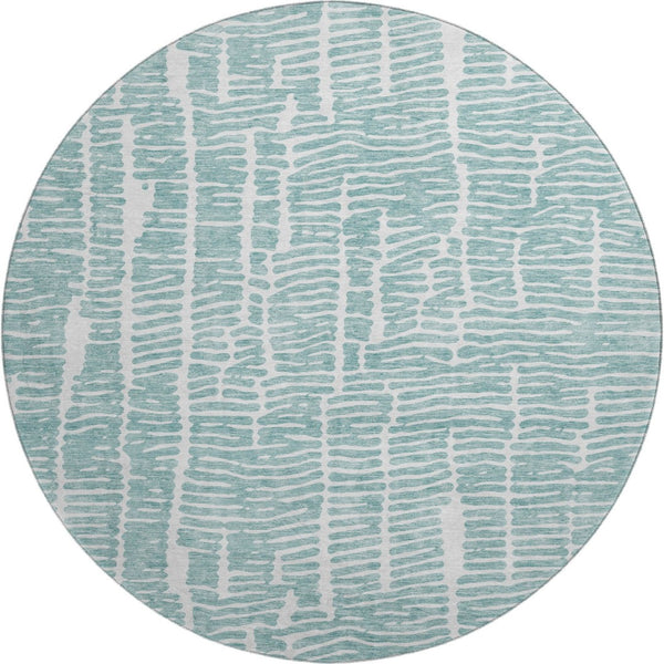 HomeRoots 8' Teal and Ivory Vermicular Round Rug - Washable, UV-Protected, Durable for High-Traffic Spaces 666863