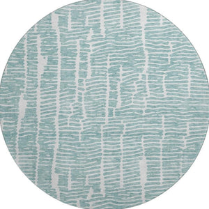 HomeRoots 8' Teal and Ivory Vermicular Round Rug - Washable, UV-Protected, Durable for High-Traffic Spaces 666863