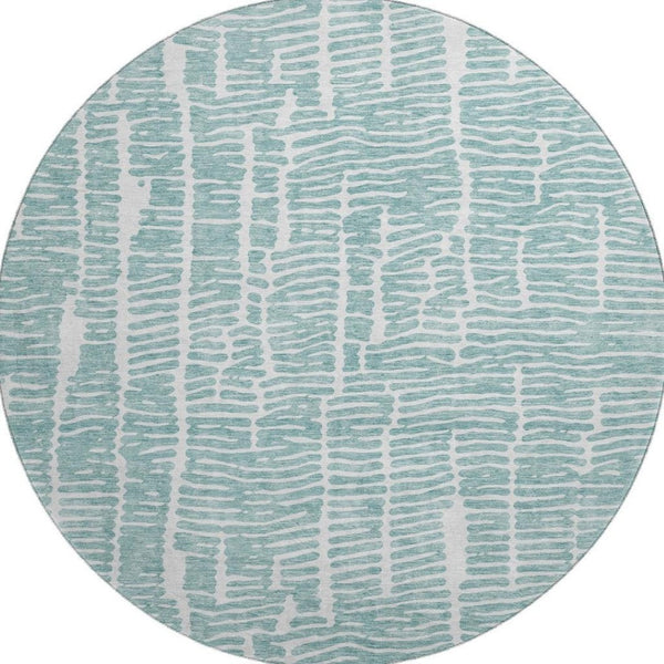HomeRoots 8' Teal and Ivory Vermicular Round Rug - Washable, UV-Protected, Durable for High-Traffic Spaces 666863