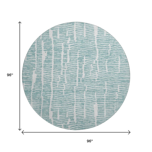 HomeRoots 8' Teal and Ivory Vermicular Round Rug - Washable, UV-Protected, Durable for High-Traffic Spaces 666863