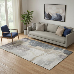 HomeRoots 5' X 8' Abstract Gray Beige Ivory Area Rug - Washable, UV Protected, Stain Resistant for Modern Homes 666868