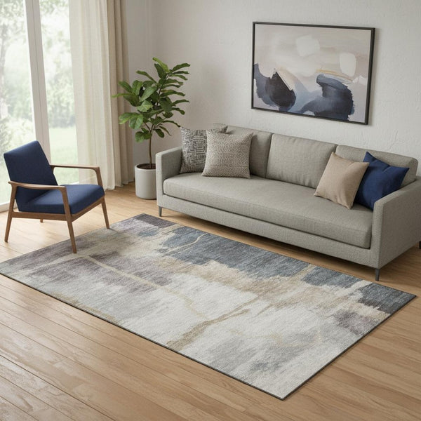 HomeRoots 5' X 8' Abstract Gray Beige Ivory Area Rug - Washable, UV Protected, Stain Resistant for Modern Homes 666868