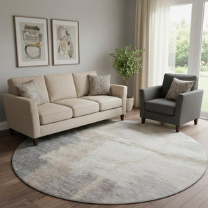 HomeRoots 8' Gray Beige and Ivory Abstract Washable Round Rug - Durable, Stylish, UV-Protected for Any Space 666869