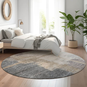HomeRoots 8' Gray Beige and Ivory Abstract Washable Round Rug - Durable, Stylish, UV-Protected for Any Space 666869