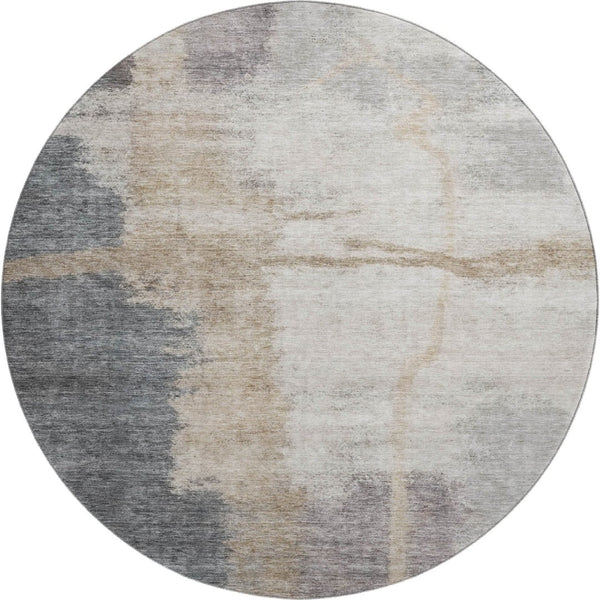 HomeRoots 8' Gray Beige and Ivory Abstract Washable Round Rug - Durable, Stylish, UV-Protected for Any Space 666869