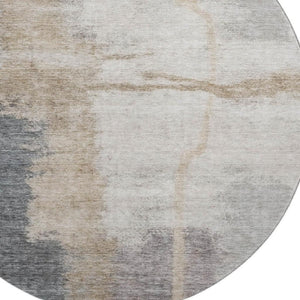 HomeRoots 8' Gray Beige and Ivory Abstract Washable Round Rug - Durable, Stylish, UV-Protected for Any Space 666869
