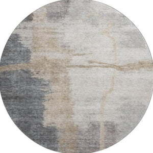 HomeRoots 8' Gray Beige and Ivory Abstract Washable Round Rug - Durable, Stylish, UV-Protected for Any Space 666869