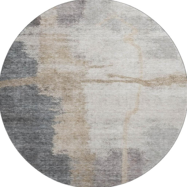 HomeRoots 8' Gray Beige and Ivory Abstract Washable Round Rug - Durable, Stylish, UV-Protected for Any Space 666869