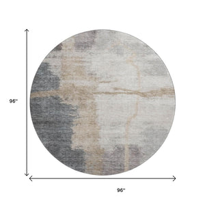 HomeRoots 8' Gray Beige and Ivory Abstract Washable Round Rug - Durable, Stylish, UV-Protected for Any Space 666869
