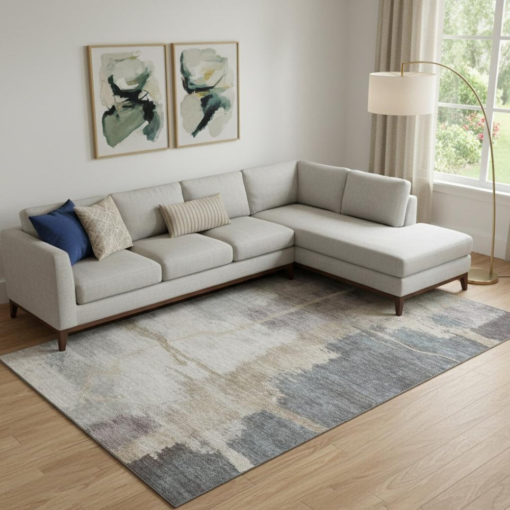 HomeRoots 8' X 10' Stylish Gray Beige Ivory Abstract Washable Area Rug with UV Protection for Busy Homes 666870