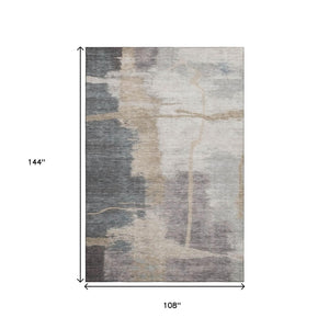 HomeRoots 9' X 12' Abstract Gray Beige Ivory Washable Area Rug - Durable, Stain-Resistant, UV Protected Design 666871